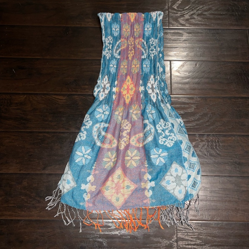 Multi Colored Patterned Floral Scarf Shawl Fringe Hem Bohemian